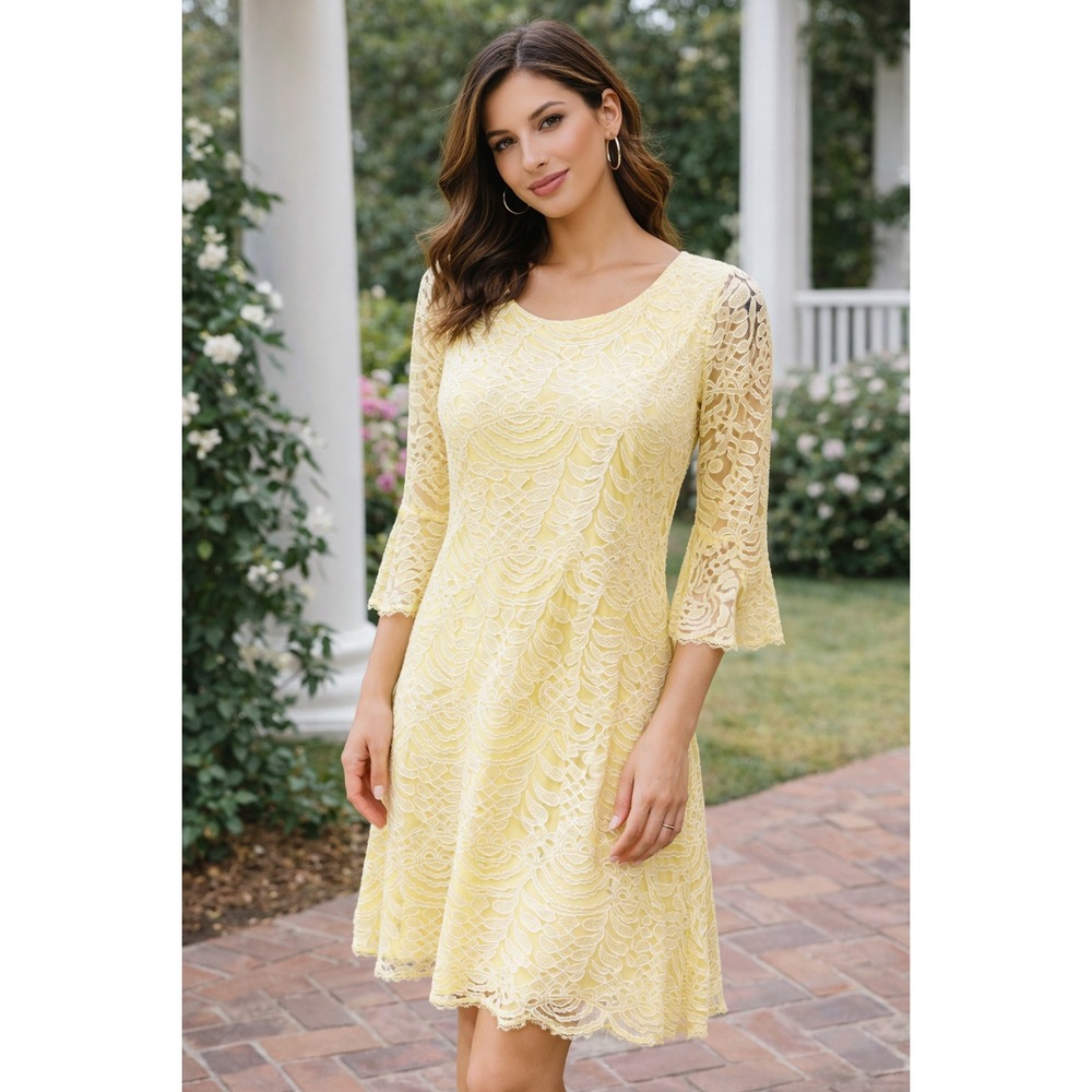 Rabbit Rabbit‎ Designs Yellow Lace Bell Sleeve Fit Flare Dress Size 4